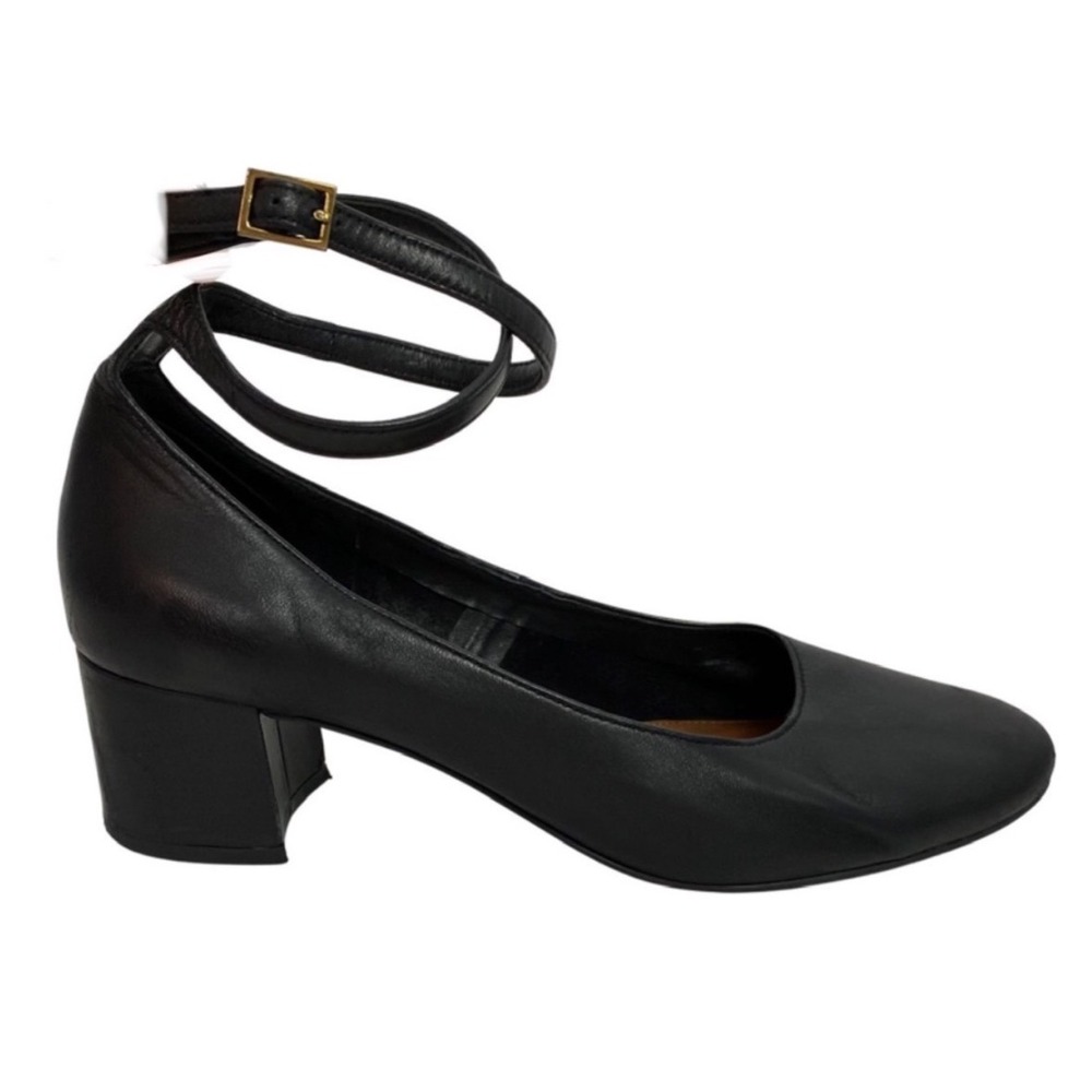 & Other‎ Stories Ankle Strap Block Heel Pump Women 39 8 Black Leather Round Toe